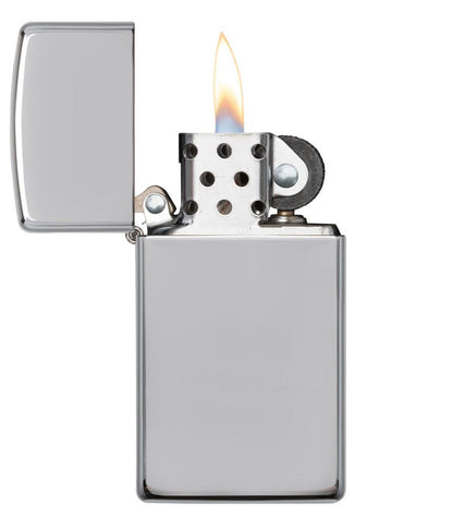 Frontansicht Slim Chrome High Polished Zippo Feuerzeug geöffnet mit Flamme