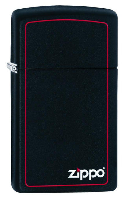 Frontansicht 3/4 Winkel Zippo Feuerzeug Slim schwarz matt mit roter Linie