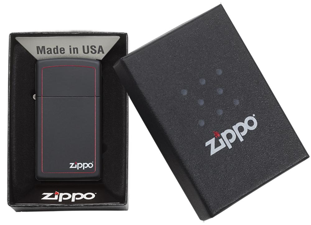 Zippo Feuerzeug Slim schwarz matt mit roter Linie in offener Geschenkbox