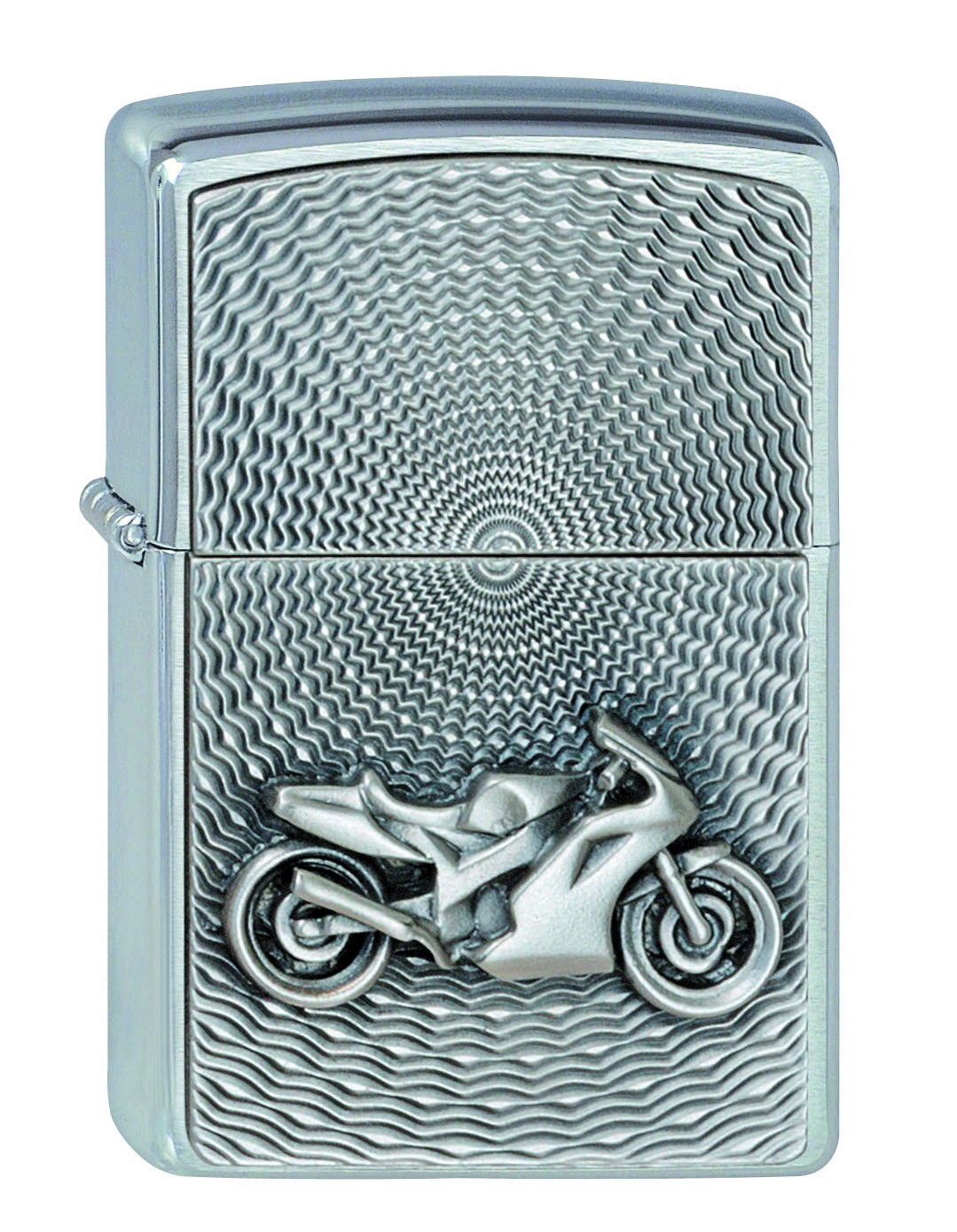 Frontansicht 3/4 Winkel Zippo Feuerzeug Chrom mit Motorrad Emblem