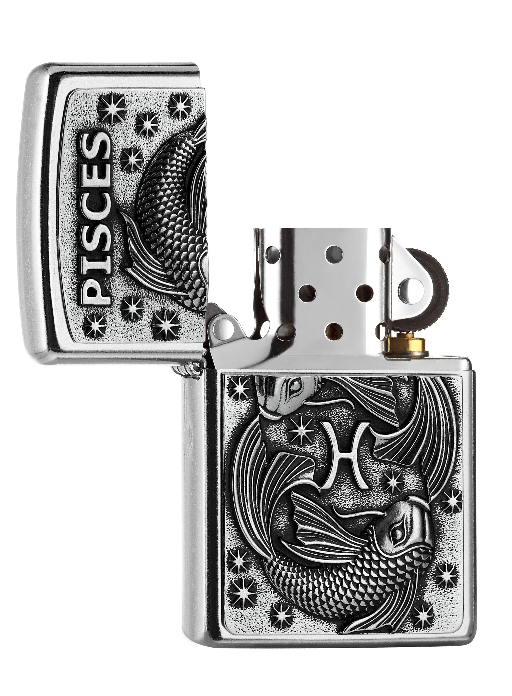 Frontansicht  Zippo Feuerzeug Street Chrome Emblem mit Fische Kennzeichen und Pisces Schriftzug geöffnet