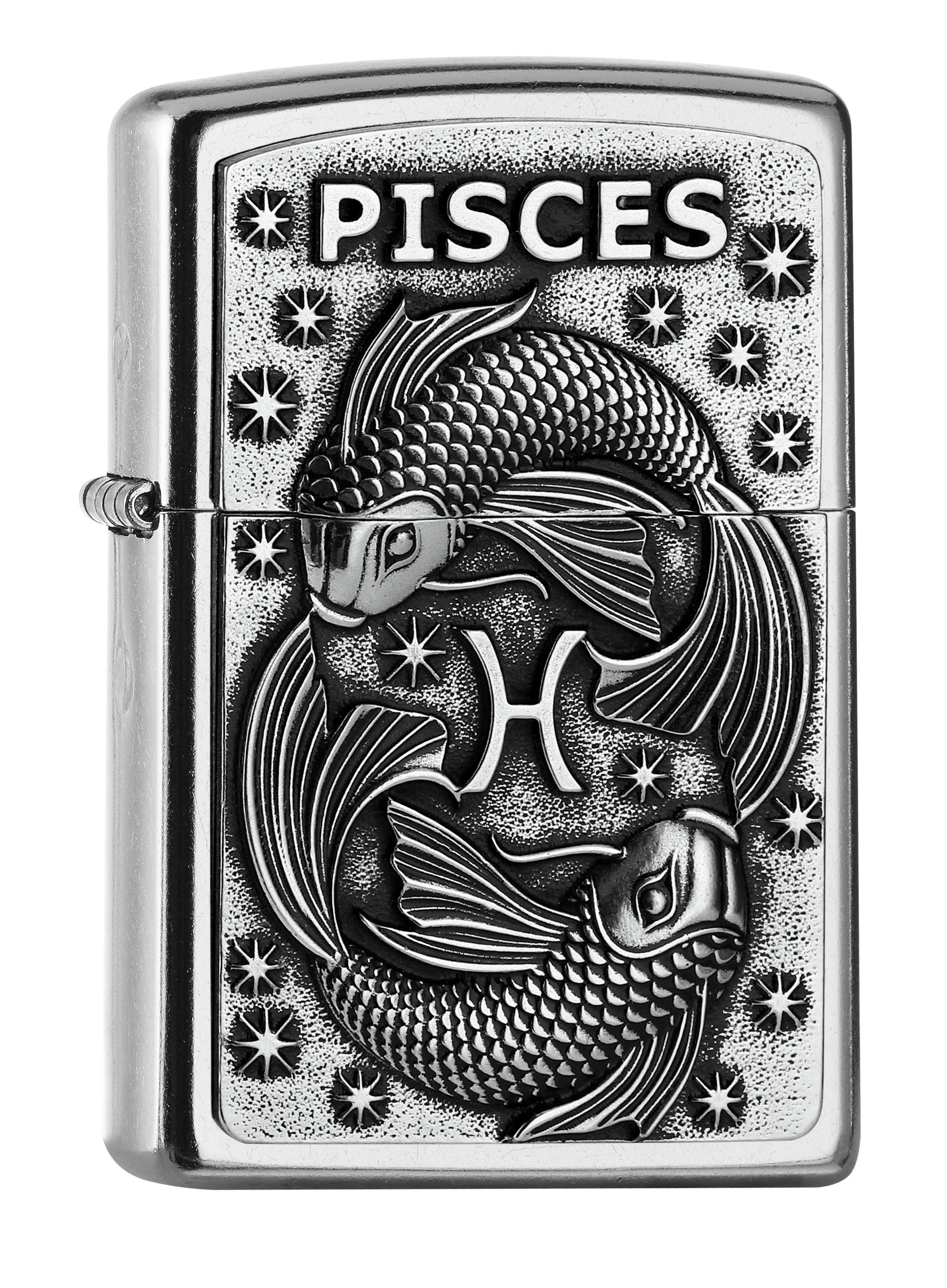 Frontansicht 3/4 Winkel Zippo Feuerzeug Street Chrome Emblem mit Fische Kennzeichen und Pisces Schriftzug