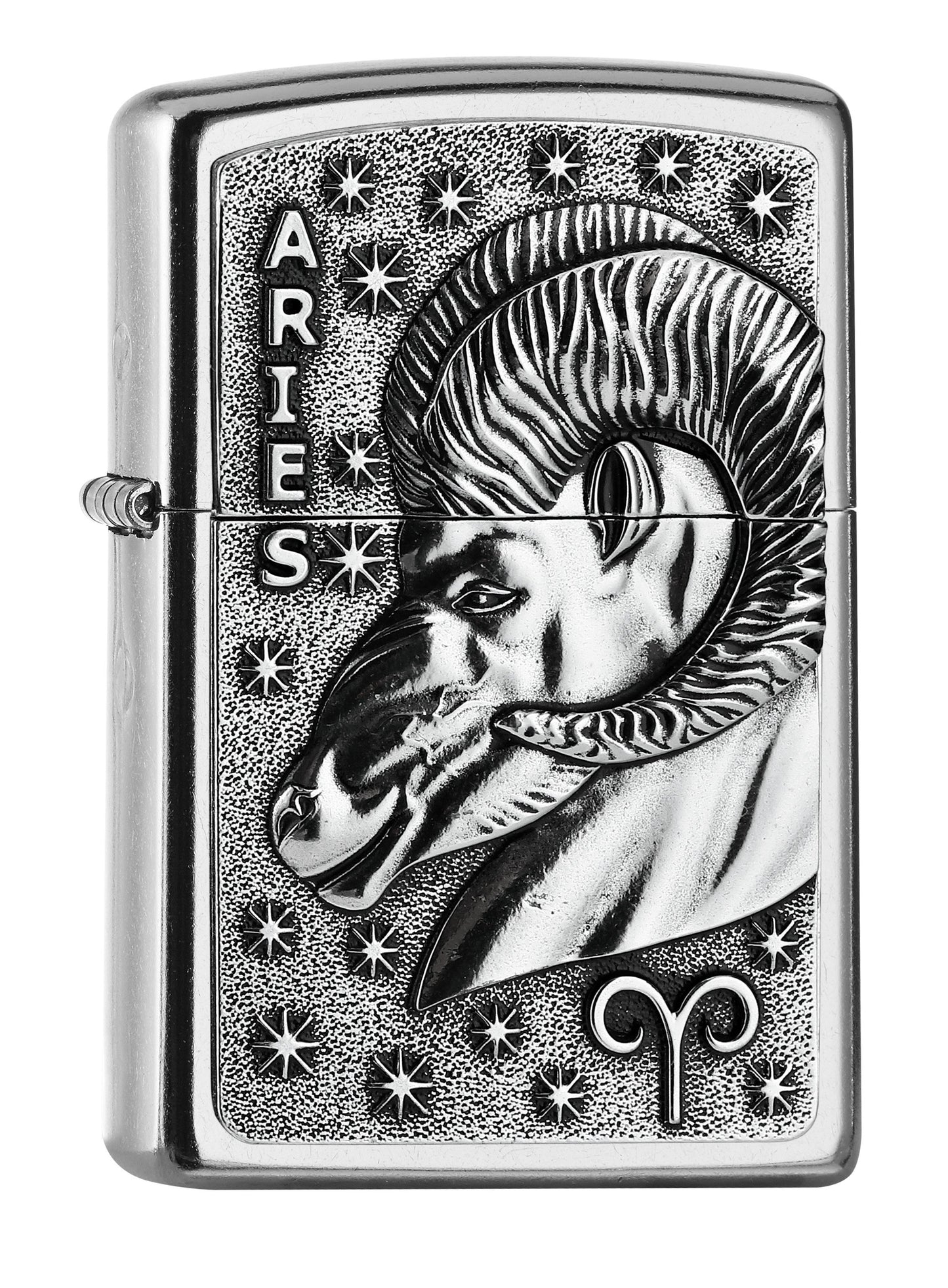 Zippo Feuerzeug Frontansicht ¾ Winkel verchromt mit Horoskop inspirierter Optik und Sternzeichen Widder Emblem