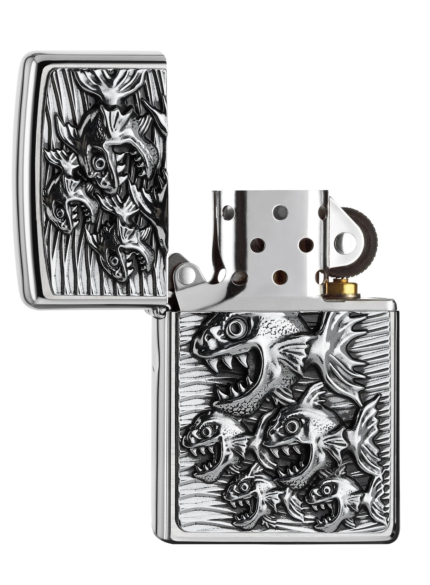 Zippo Feuerzeug chrom Piranhas mit offenem Maul und spitzen Zähnen Emblem geöffnet