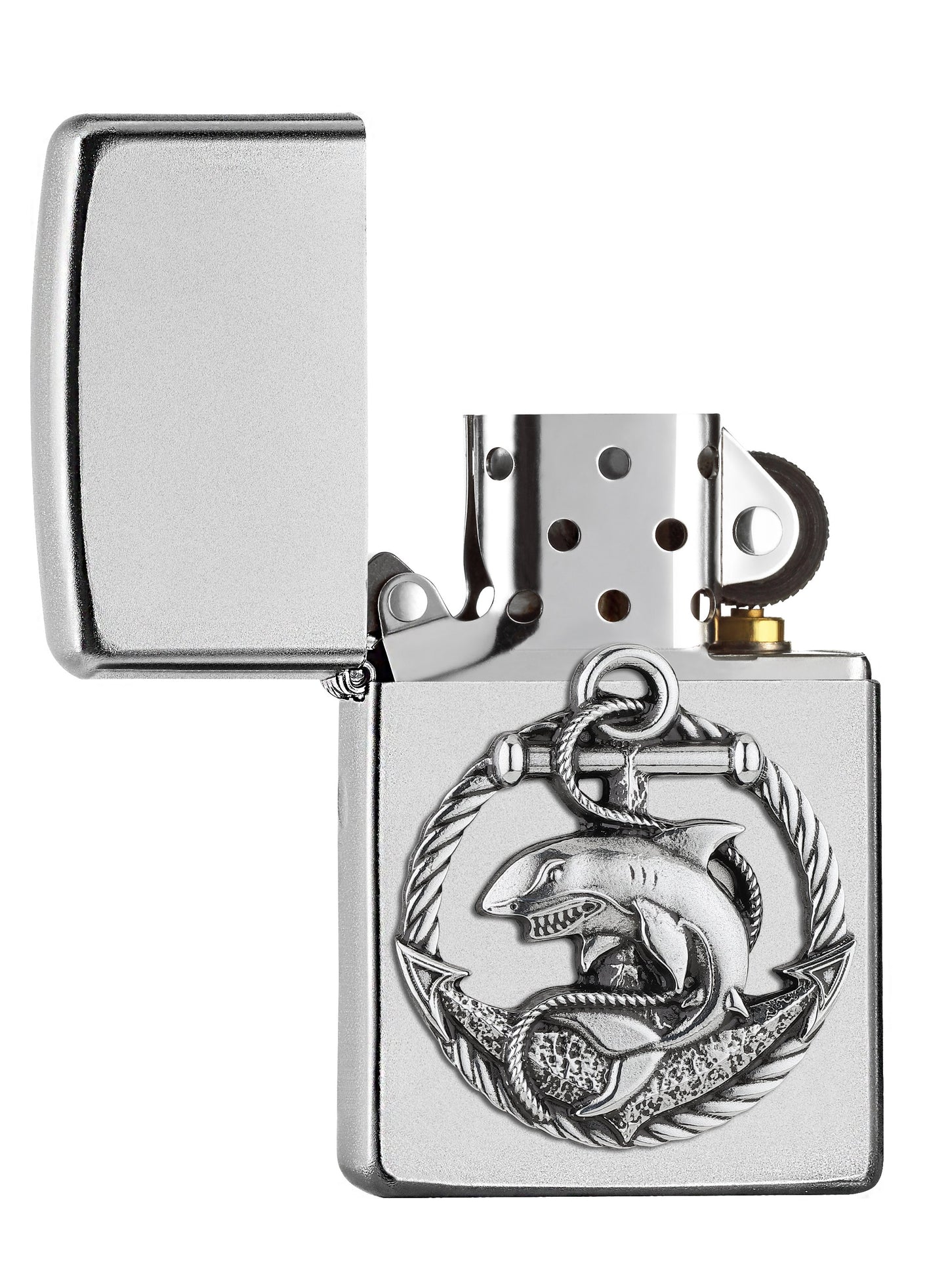 Frontansicht Zippo Feuerzeug Satin Chrome Emblem mit Hai und Anker geöffnet