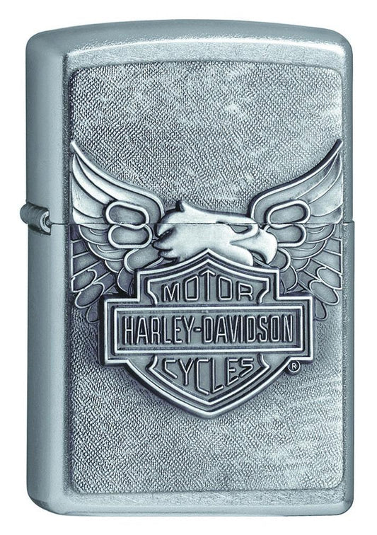 Frontansicht 3/4 Winkel Zippo Feuerzeug Chrom Harley Davidson Logo mit Adler Emblem